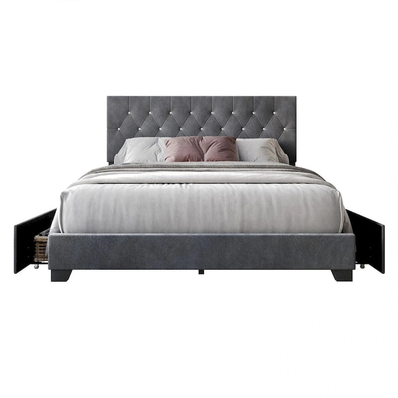 Letto a piattaforma imbottito capitonné con contenitore