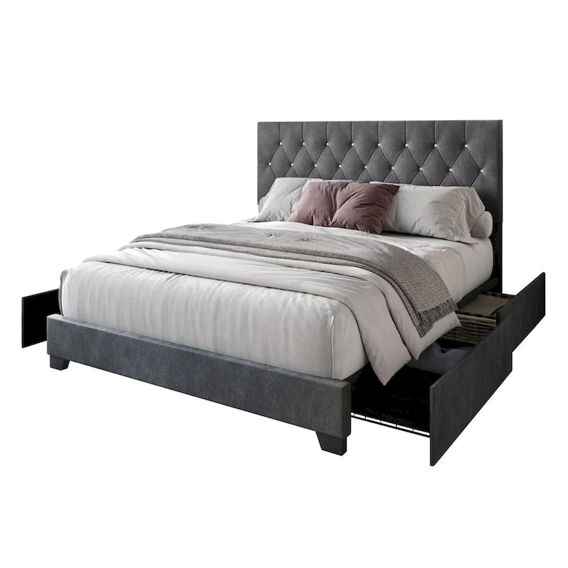 Letto a piattaforma imbottito capitonné con contenitore