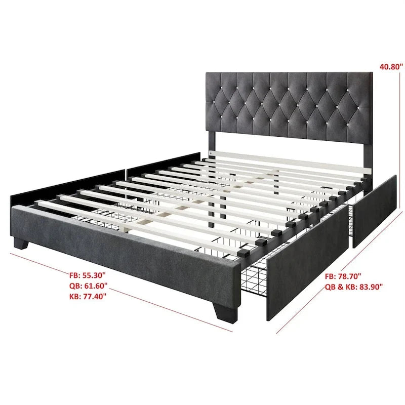 Letto a piattaforma imbottito capitonné con contenitore