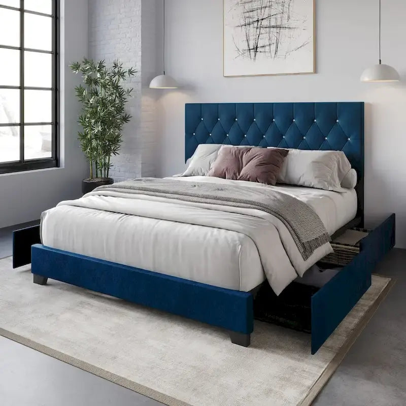 Letto a piattaforma imbottito capitonné con contenitore