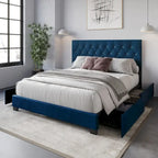 Letto a piattaforma imbottito capitonné con contenitore