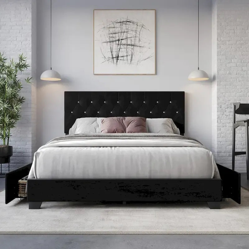 Letto a piattaforma imbottito capitonné con contenitore
