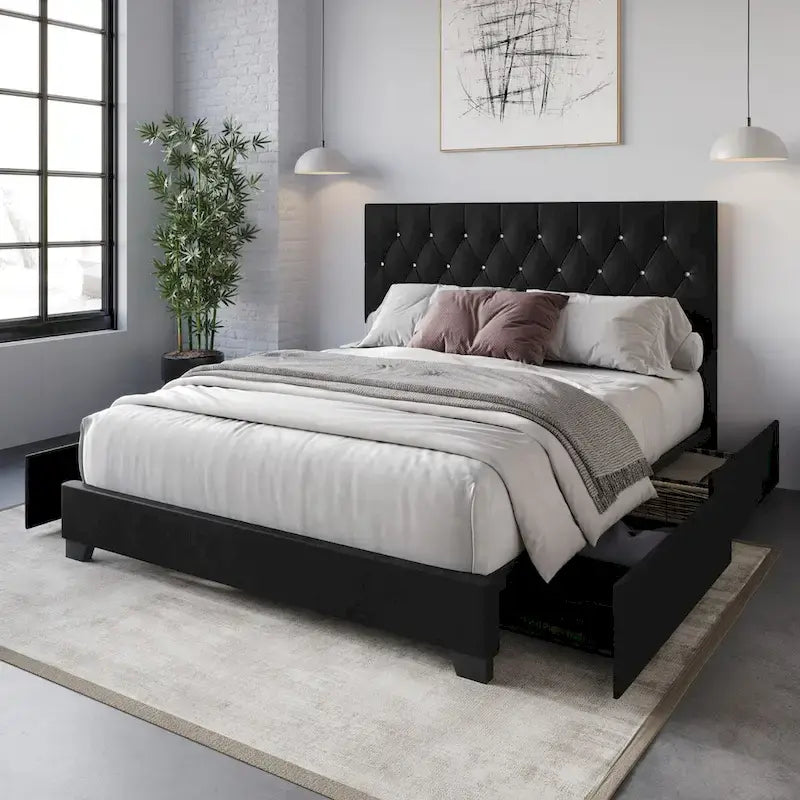 Letto a piattaforma imbottito capitonné con contenitore