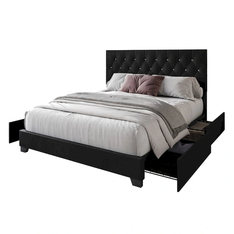 Letto a piattaforma imbottito capitonné con contenitore
