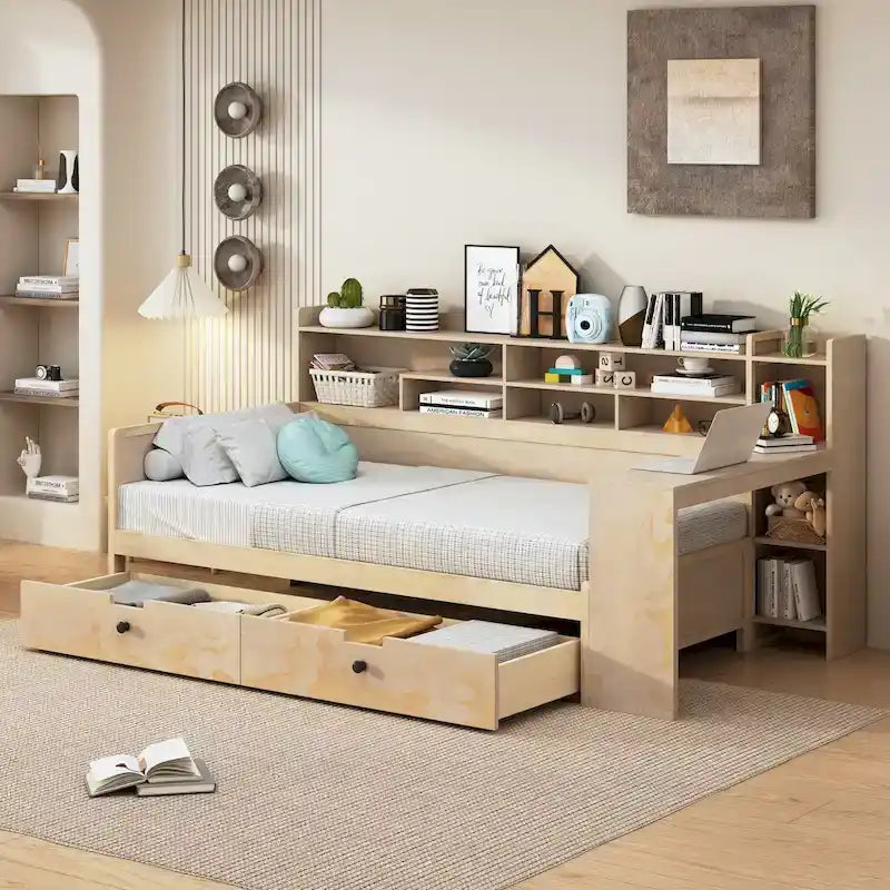 Daybed multifunzionale con ripiani, 2 cassetti e scrivania