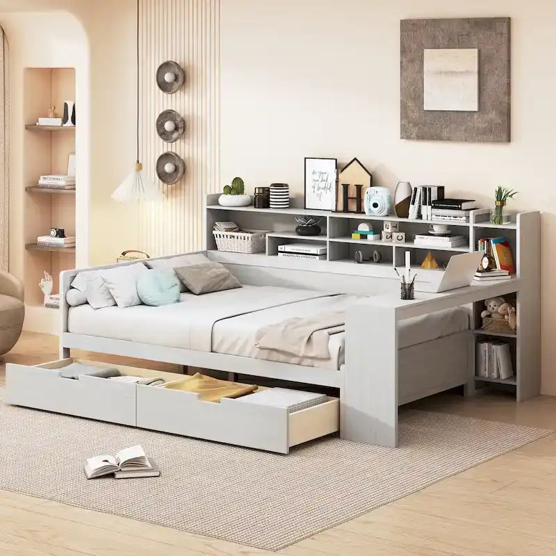 Daybed multifunzionale con ripiani, 2 cassetti e scrivania