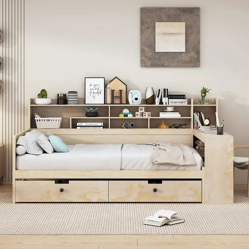 Daybed multifunzionale con ripiani, 2 cassetti e scrivania