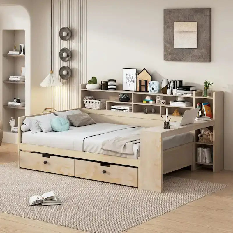 Daybed multifunzionale con ripiani, 2 cassetti e scrivania