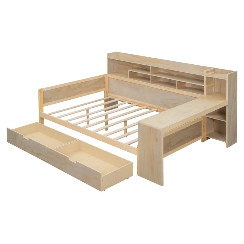 Daybed multifunzionale con ripiani, 2 cassetti e scrivania