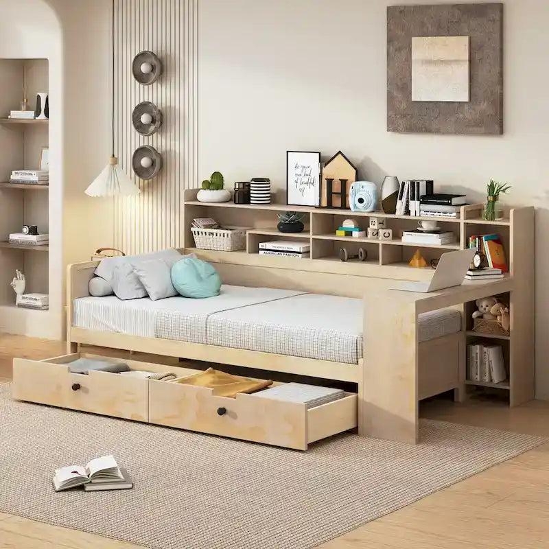 Daybed multifunzionale con ripiani, 2 cassetti e scrivania