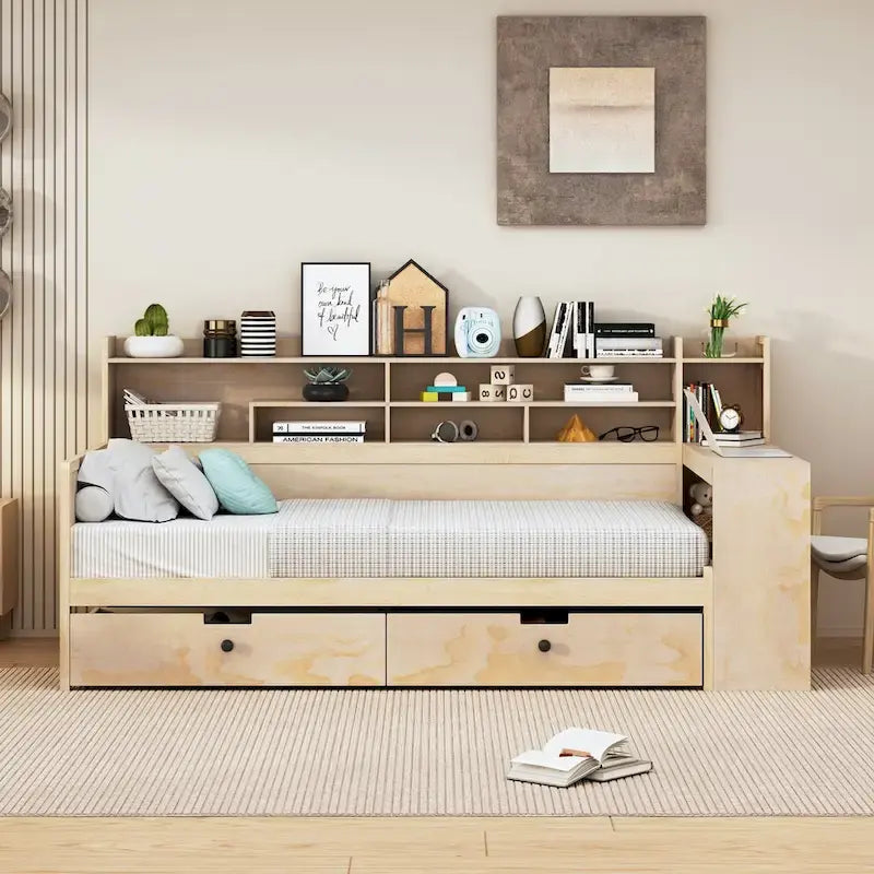 Daybed multifunzionale con ripiani, 2 cassetti e scrivania