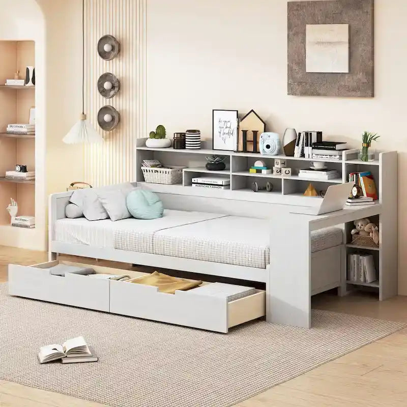 Daybed multifunzionale con ripiani, 2 cassetti e scrivania
