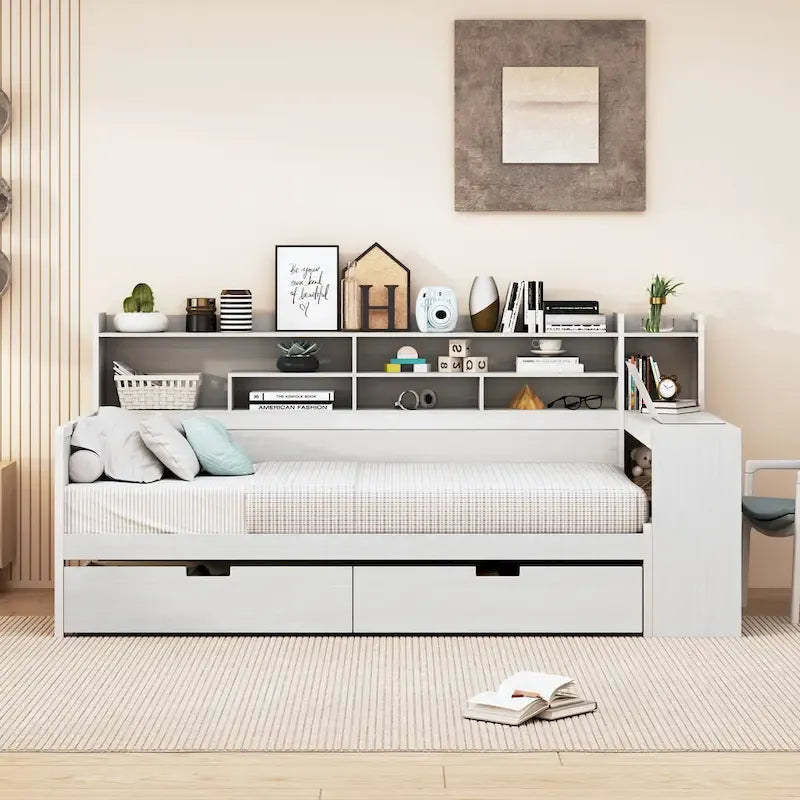 Daybed multifunzionale con ripiani, 2 cassetti e scrivania