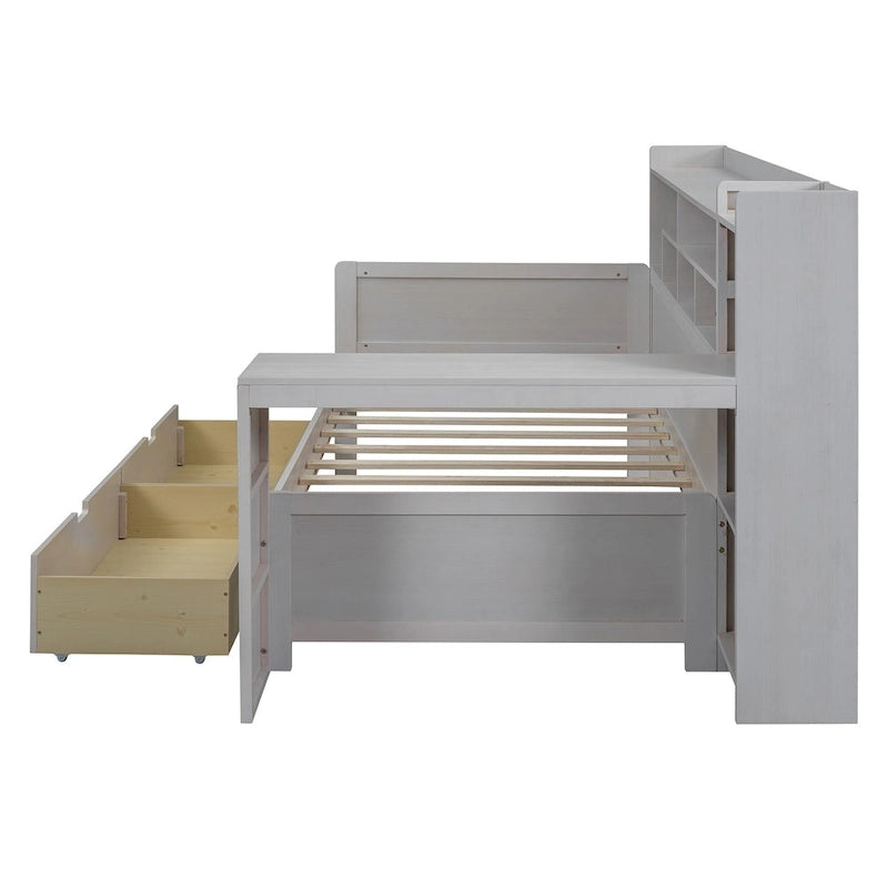 Daybed multifunzionale con ripiani, 2 cassetti e scrivania