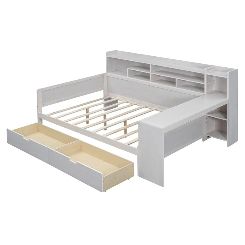 Daybed multifunzionale con ripiani, 2 cassetti e scrivania