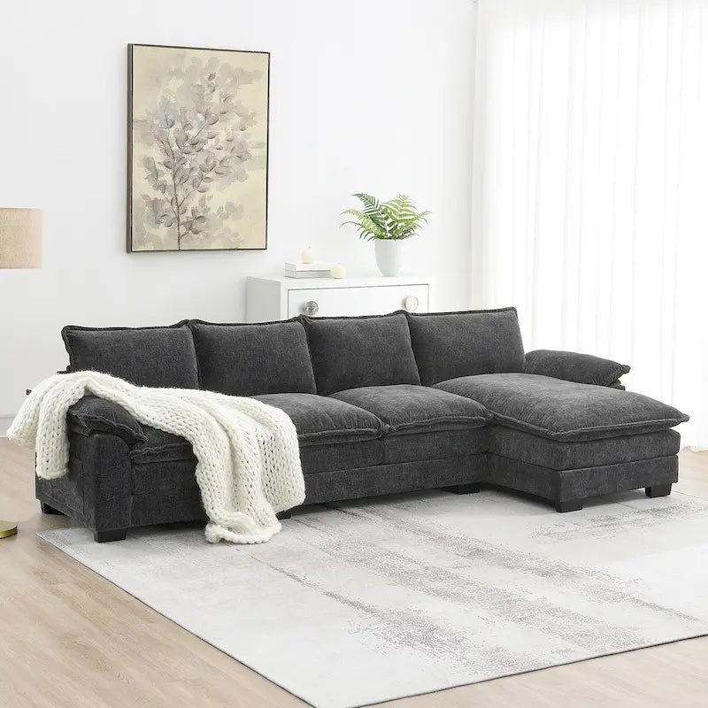 Divano componibile a L in ciniglia a nuvola 118*55 con doppio cuscino di seduta, divano letto imbottito a 5 posti con chaise longue