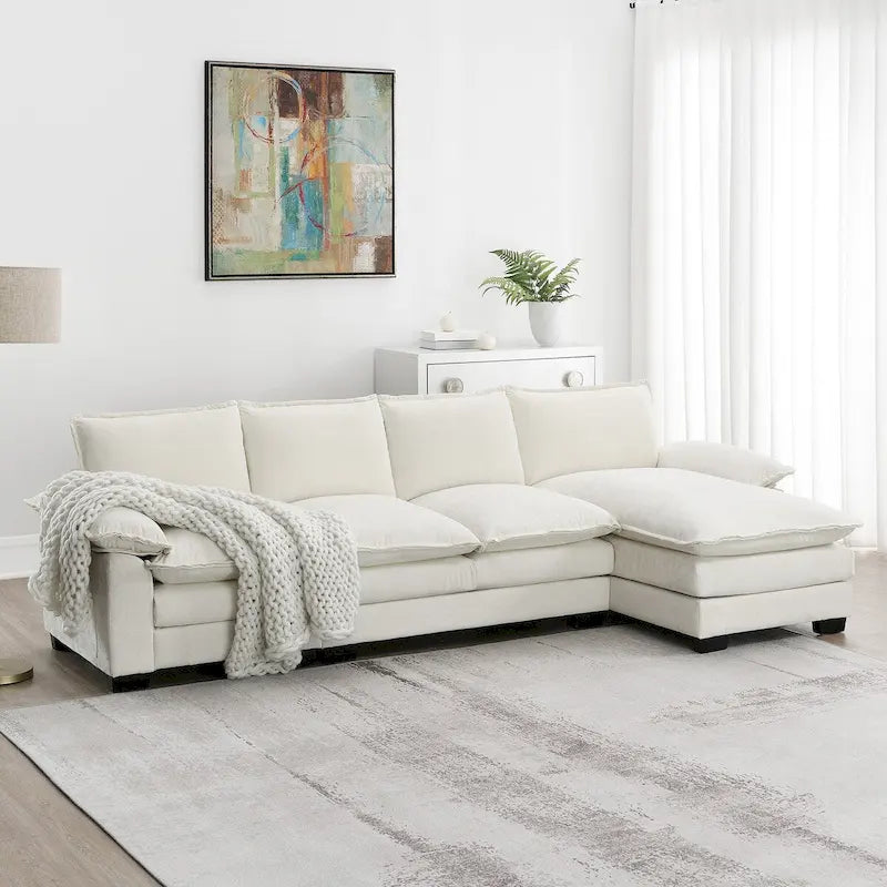Divano componibile a L in ciniglia a nuvola 118*55 con doppio cuscino di seduta, divano letto imbottito a 5 posti con chaise longue
