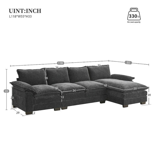 Divano componibile a L in ciniglia a nuvola 118*55 con doppio cuscino di seduta, divano letto imbottito a 5 posti con chaise longue