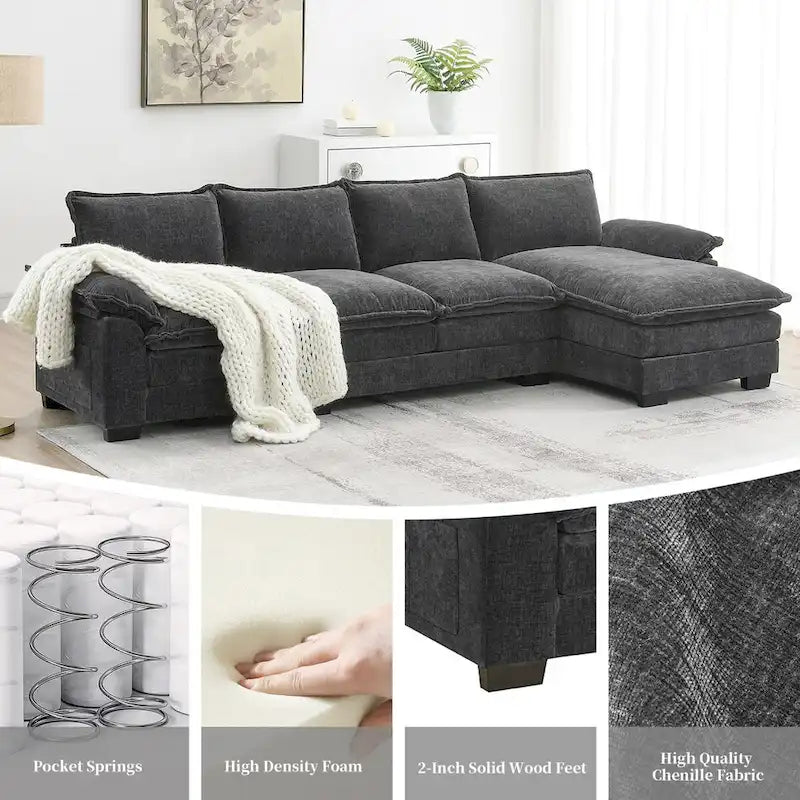 Divano componibile a L in ciniglia a nuvola 118*55 con doppio cuscino di seduta, divano letto imbottito a 5 posti con chaise longue
