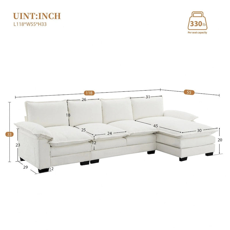 Divano componibile a L in ciniglia a nuvola 118*55 con doppio cuscino di seduta, divano letto imbottito a 5 posti con chaise longue