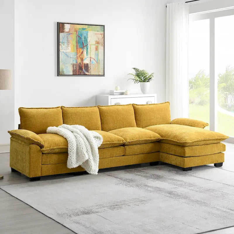 Divano componibile a L in ciniglia a nuvola 118*55 con doppio cuscino di seduta, divano letto imbottito a 5 posti con chaise longue