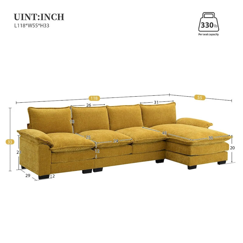 Divano componibile a L in ciniglia a nuvola 118*55 con doppio cuscino di seduta, divano letto imbottito a 5 posti con chaise longue
