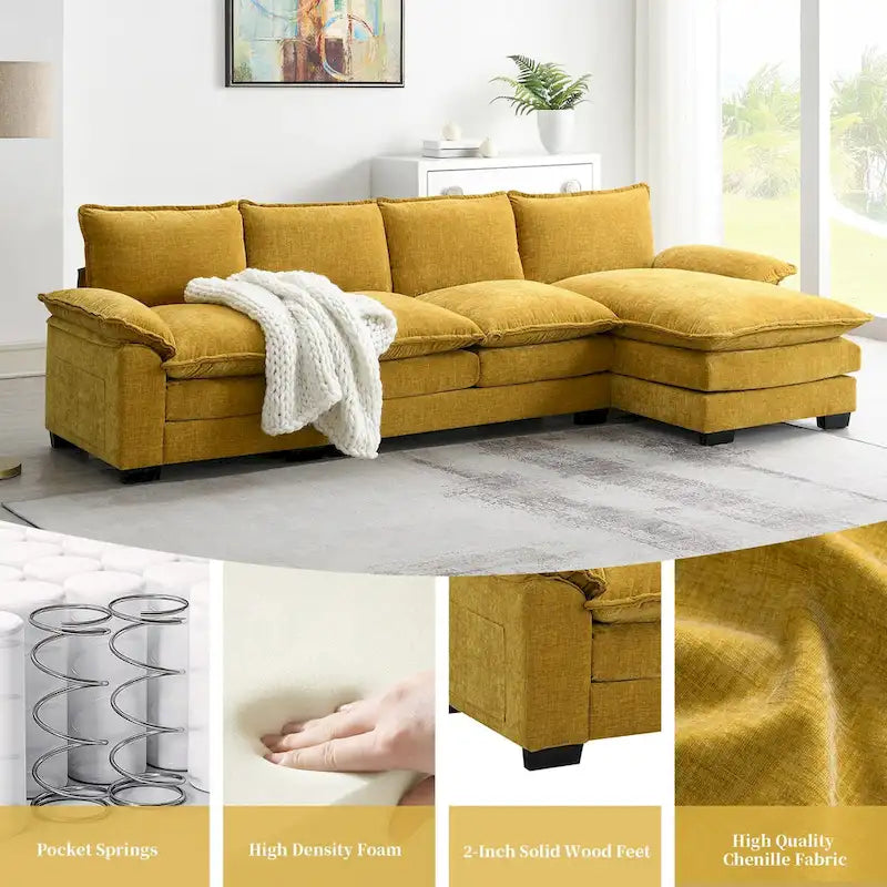 Divano componibile a L in ciniglia a nuvola 118*55 con doppio cuscino di seduta, divano letto imbottito a 5 posti con chaise longue