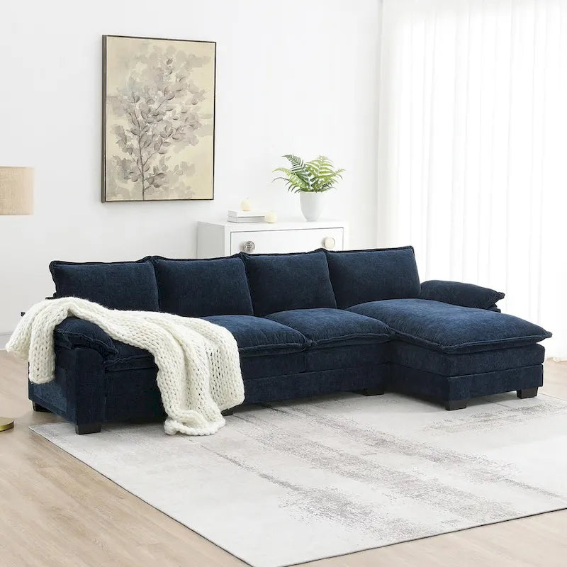 Divano componibile a L in ciniglia a nuvola 118*55 con doppio cuscino di seduta, divano letto imbottito a 5 posti con chaise longue