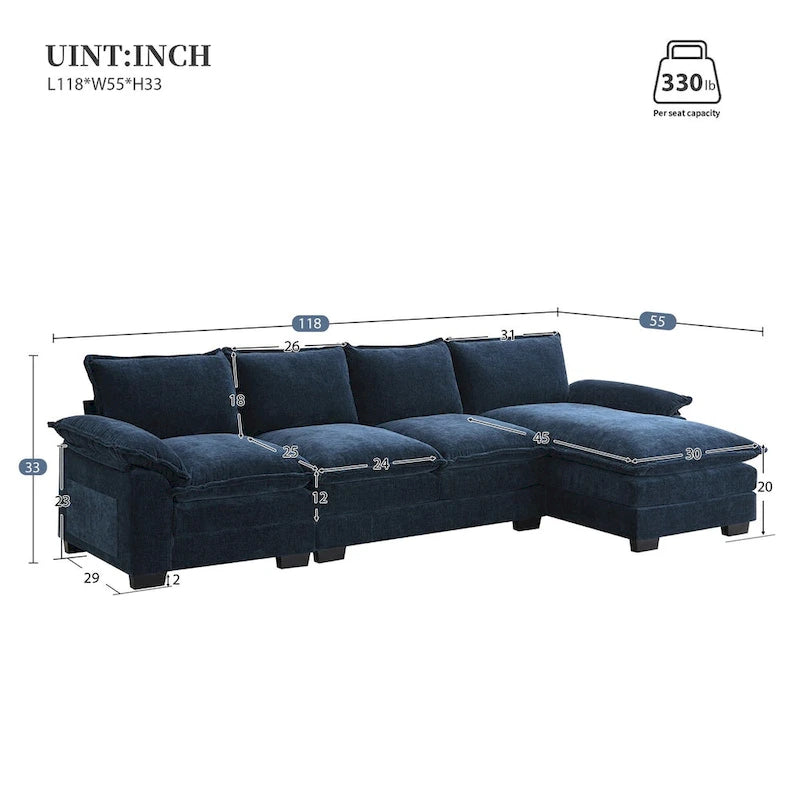 Divano componibile a L in ciniglia a nuvola 118*55 con doppio cuscino di seduta, divano letto imbottito a 5 posti con chaise longue