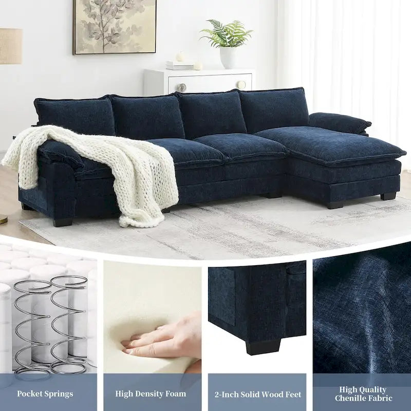 Divano componibile a L in ciniglia a nuvola 118*55 con doppio cuscino di seduta, divano letto imbottito a 5 posti con chaise longue