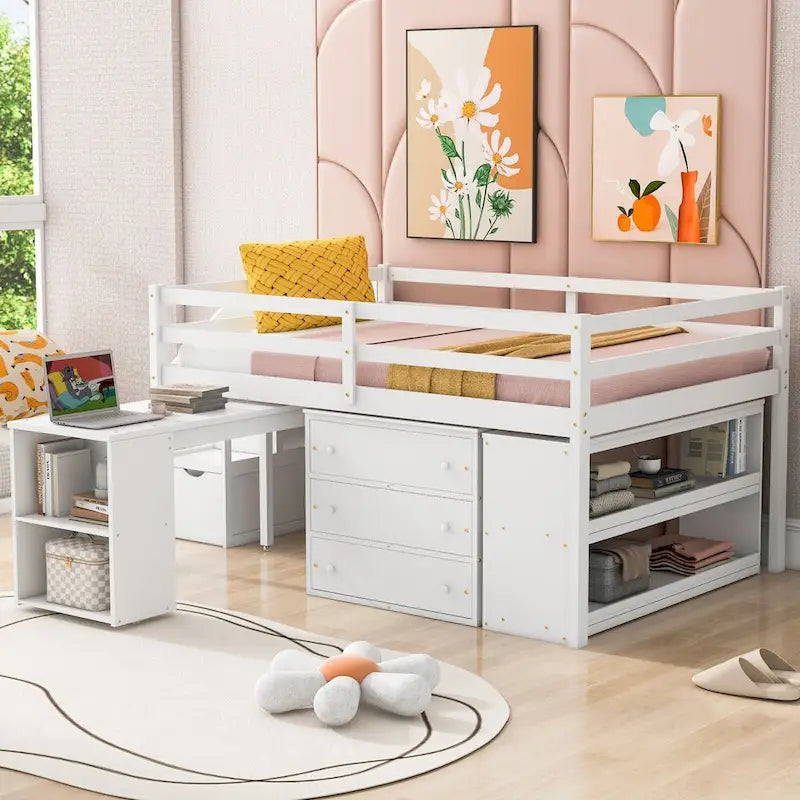 Letto a soppalco full size con scrivania estraibile e 3 cassetti