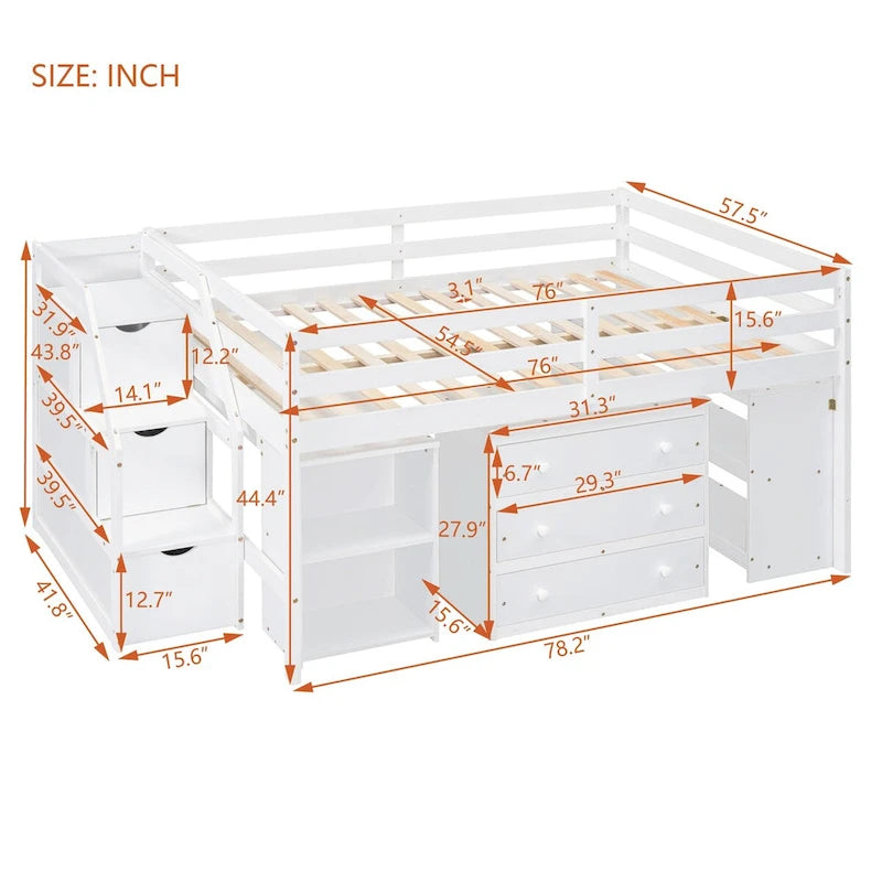 Letto a soppalco full size con scrivania estraibile e 3 cassetti