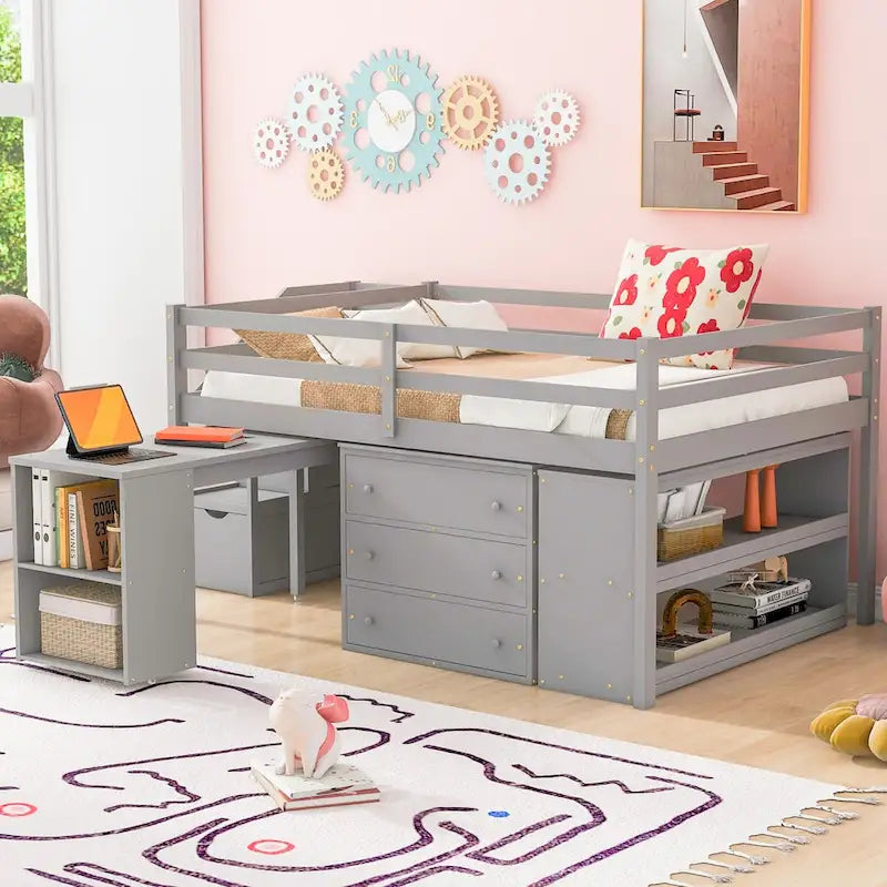 Letto a soppalco full size con scrivania estraibile e 3 cassetti