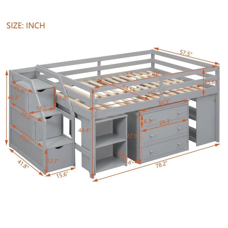 Letto a soppalco full size con scrivania estraibile e 3 cassetti