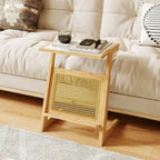 Tavolino da salotto a Z con ripiano in rattan e piano in vetro