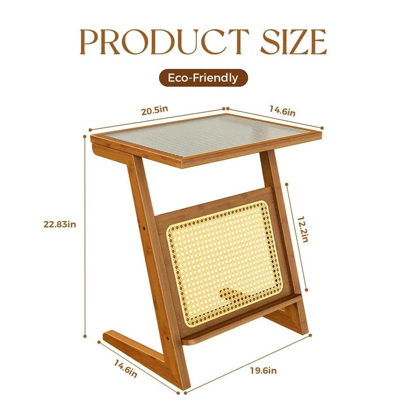 Tavolino da salotto a Z con ripiano in rattan e piano in vetro