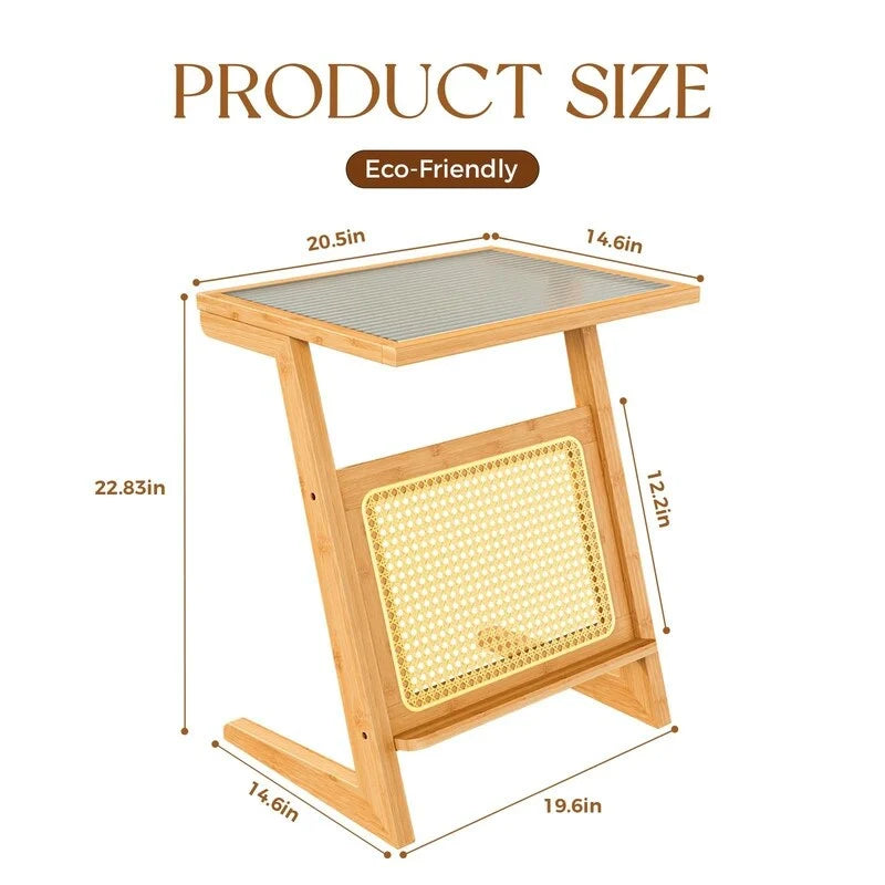 Tavolino da salotto a Z con ripiano in rattan e piano in vetro