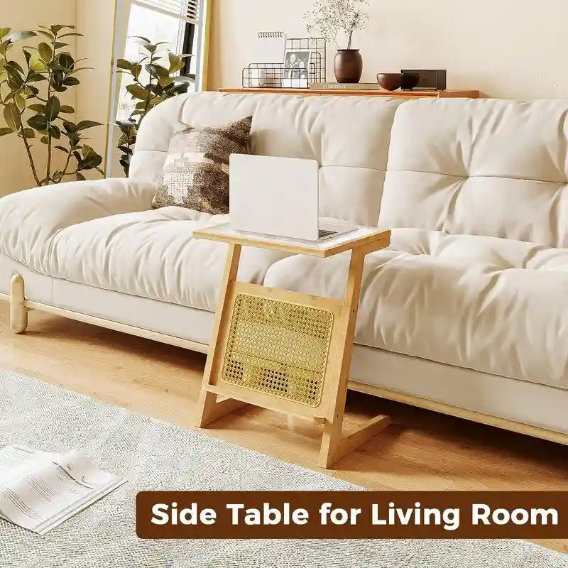 Tavolino da salotto a Z con ripiano in rattan e piano in vetro