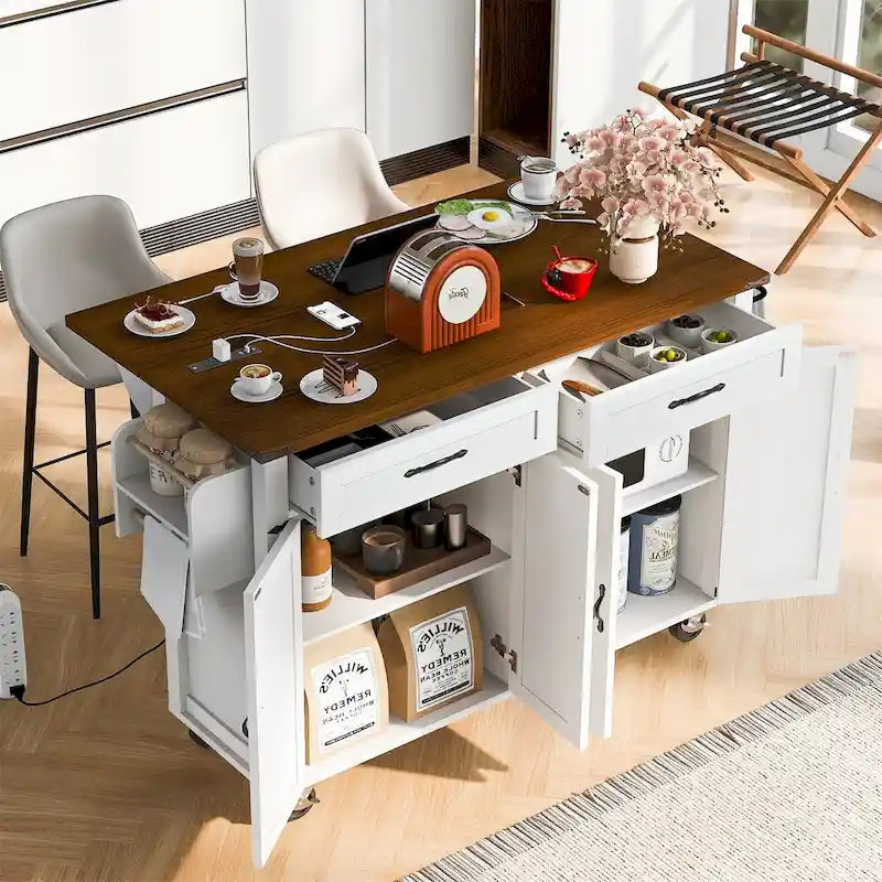 Isola da cucina da 53,5" con presa di corrente, cassetti e ante contenitori, ruote girevoli