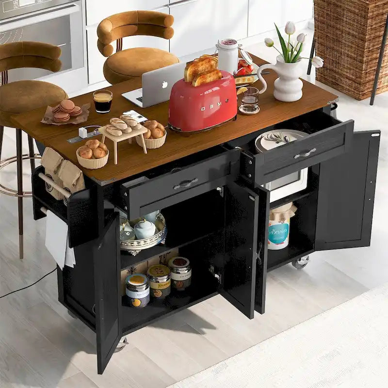 Isola da cucina da 53,5" con presa di corrente, cassetti e ante contenitori, ruote girevoli