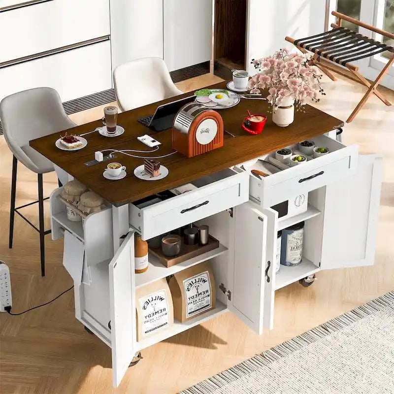 Isola da cucina da 53,5" con presa di corrente, cassetti e ante contenitori, ruote girevoli