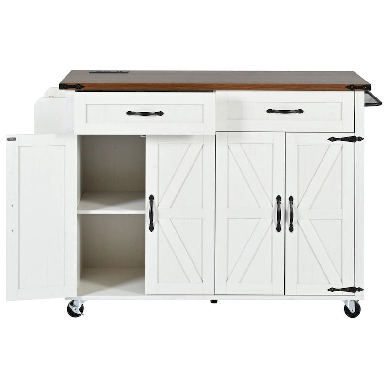 Isola da cucina da 53,5" con presa di corrente, cassetti e ante contenitori, ruote girevoli