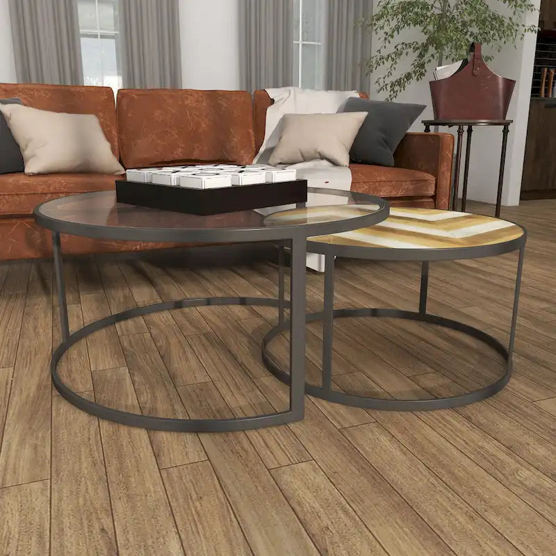 Tavolini da caffè impilabili (set da 2) con piano in vetro - Grigio