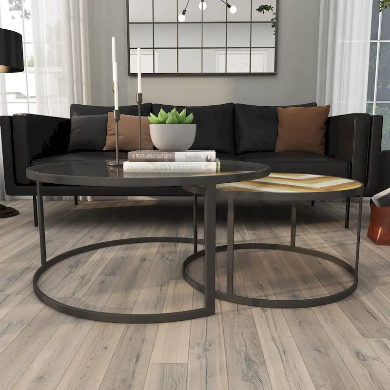 Tavolini da caffè impilabili (set da 2) con piano in vetro - Grigio