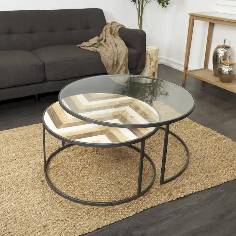 Tavolini da caffè impilabili (set da 2) con piano in vetro - Grigio