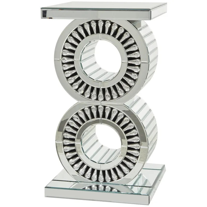 Tavolino rotondo a specchio con base a cerchi impilati, argento, 15,7" x 28"H
