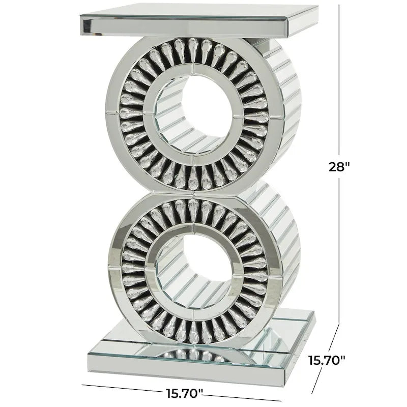 Tavolino rotondo a specchio con base a cerchi impilati, argento, 15,7" x 28"H