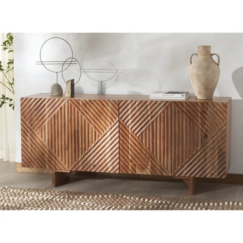 Cassettiera a 4 Ante in Legno di Acacia con Rilievo Geometrico, 172.72cm L x 45.72cm P x 76.2cm H