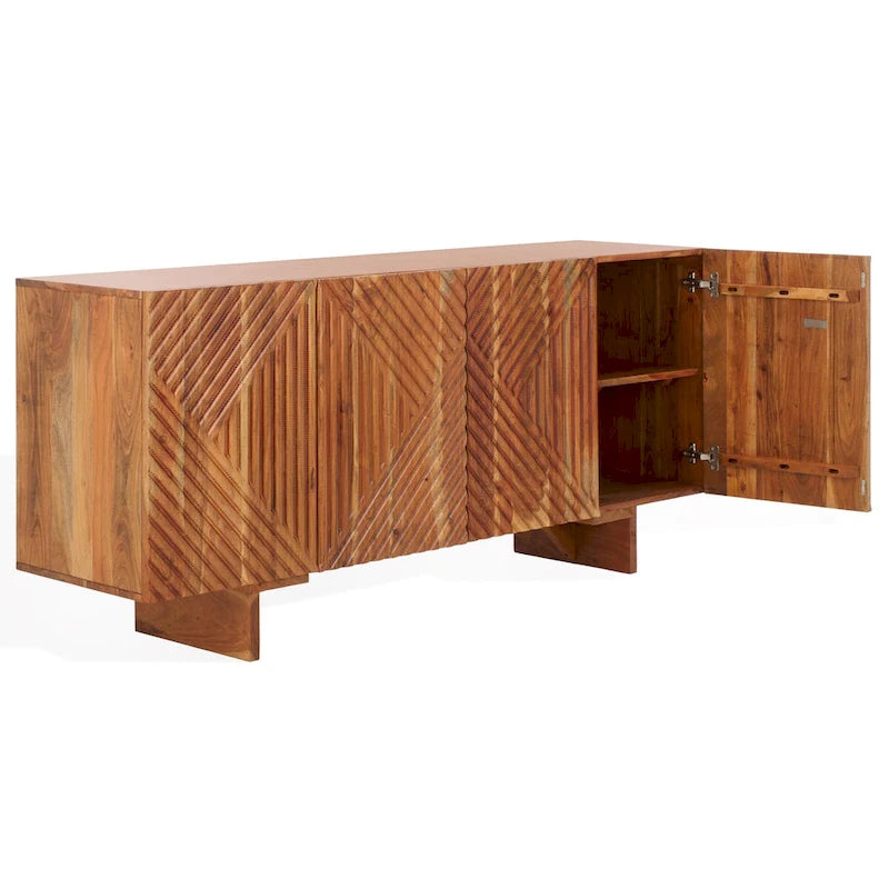 Cassettiera a 4 Ante in Legno di Acacia con Rilievo Geometrico, 172.72cm L x 45.72cm P x 76.2cm H